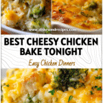 Golden baked casserole with melted cheese, chicken, broccoli, and rice for an Easy Dinner Weeknight Meal